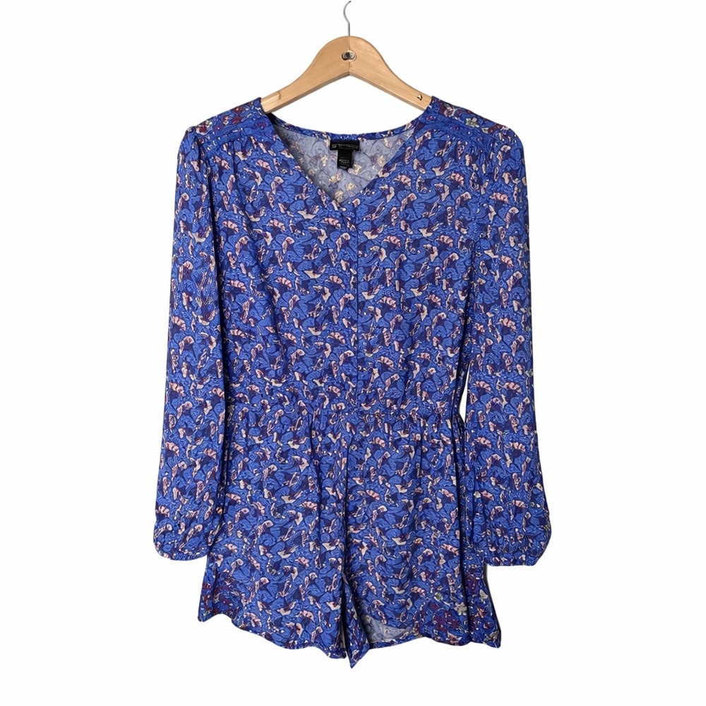 Art Class Girls Blue Floral Romper Size 6/6X Long Sleeve Boho V-Neck Cottagecore